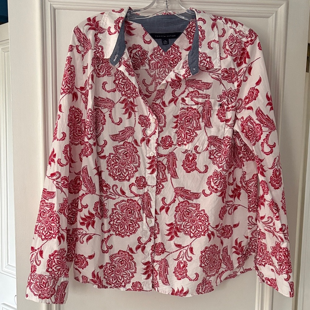 Tommy Hilfiger White Shirt with Red Floral Pattern
